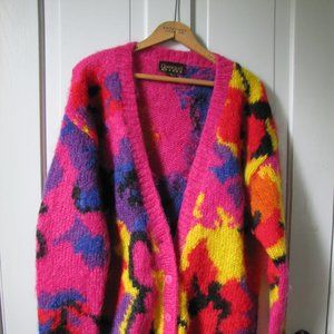 BRIGHT Vintage 1980s Retro Neon Abstract Knit Pink Mohair Cardigan Coat Sweater